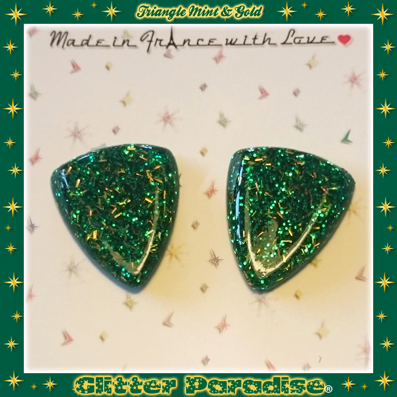 Earrings: Confetti Lucite Triangle Mint and Gold