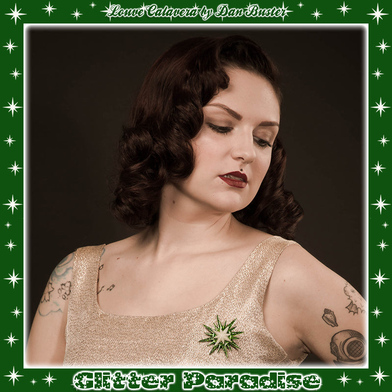 Brooch: Christmas Sunburst Green and White