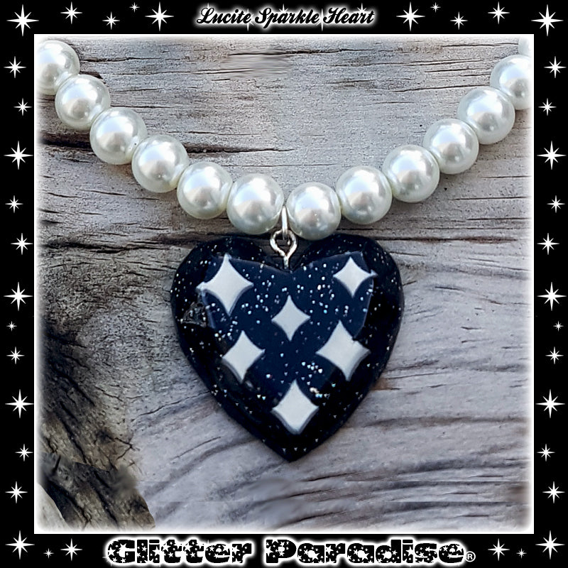 Necklace: Lucite Sparkle Heart & Pearls