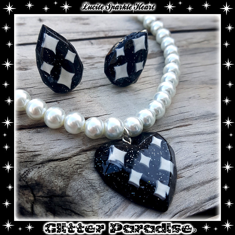 Necklace: Lucite Sparkle Heart & Pearls
