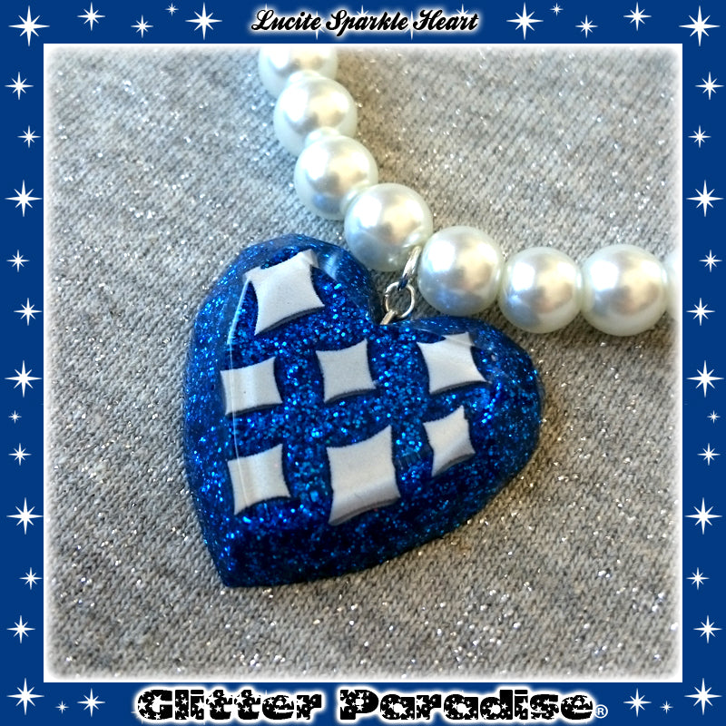 Necklace: Lucite Sparkle Heart & Pearls