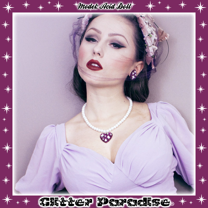 Necklace: Lucite Sparkle Heart & Pearls