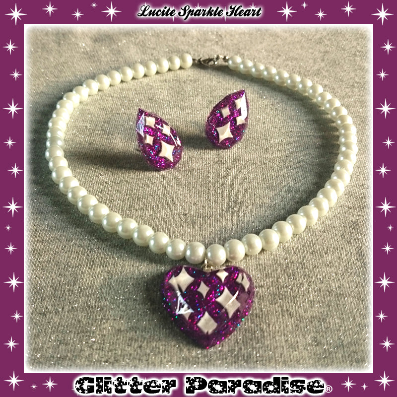 Necklace: Lucite Sparkle Heart & Pearls