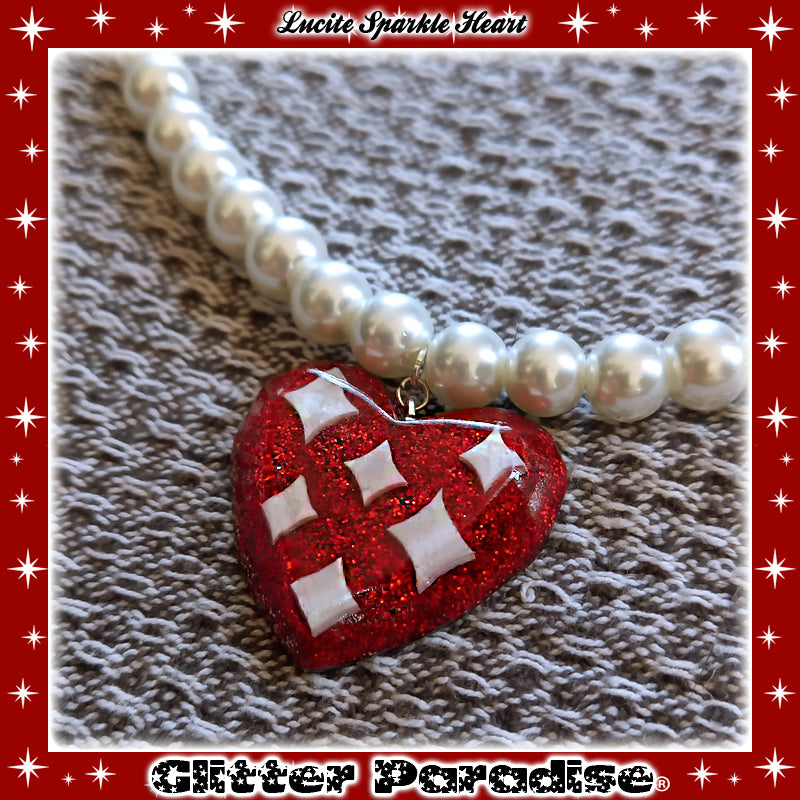 Necklace: Lucite Sparkle Heart & Pearls