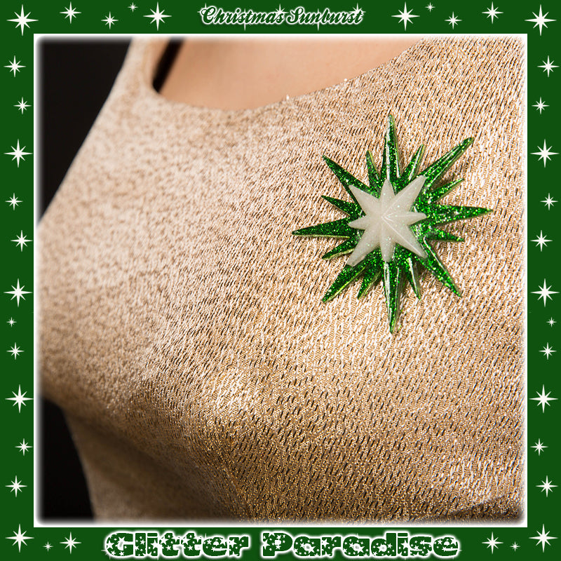 Brooch: Christmas Sunburst Green and White