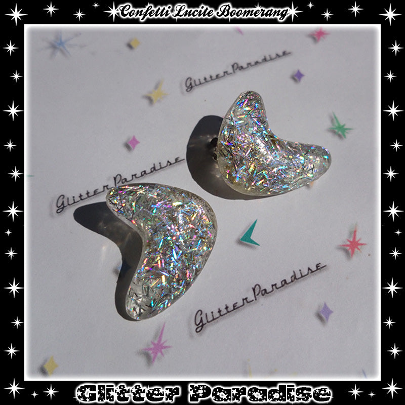 Earrings: Confetti Lucite Boomerang Dust Tinsel