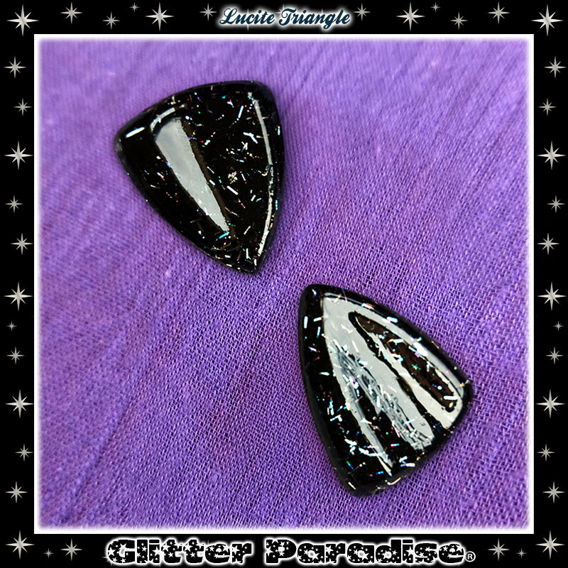 Earrings: Confetti Lucite Triangle Black and Silver Tinsel