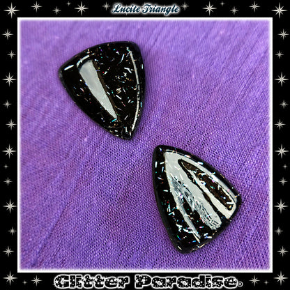 Earrings: Confetti Lucite Triangle Black and Silver Tinsel