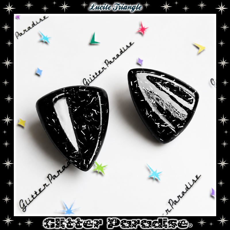 Earrings: Confetti Lucite Triangle Black and Silver Tinsel