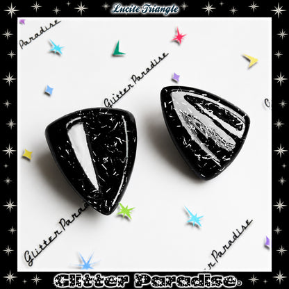 Earrings: Confetti Lucite Triangle Black and Silver Tinsel