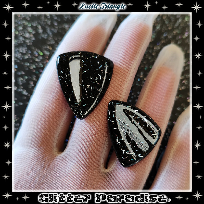 Earrings: Confetti Lucite Triangle Black and Silver Tinsel