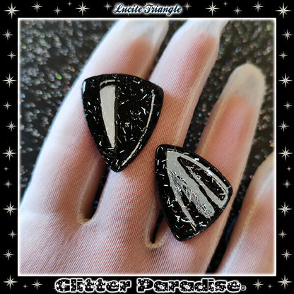 Earrings: Confetti Lucite Triangle Black and Silver Tinsel