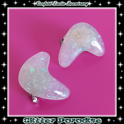 Earrings: Confetti Lucite Boomerang Dust Tinsel