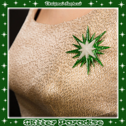 Brooch: Christmas Sunburst Green and White