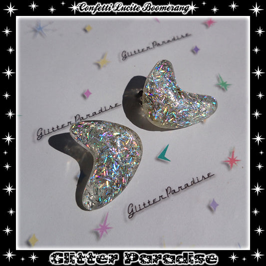 Earrings: Confetti Lucite Boomerang Dust Tinsel